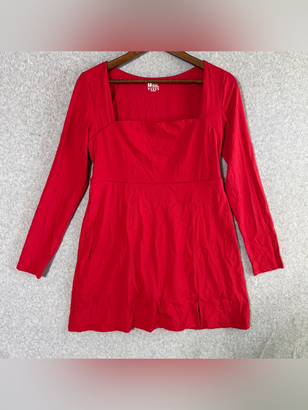 Red Square-Neck Mini Dress with Long Sleeves